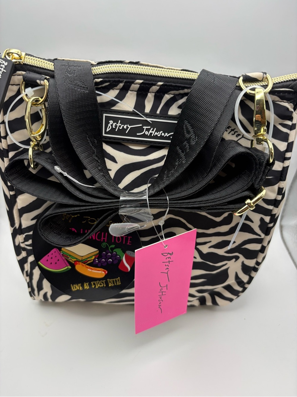Betsey Johnson Black & Cream Zebra Print Lunch Tote with Adjustable Carry Handle